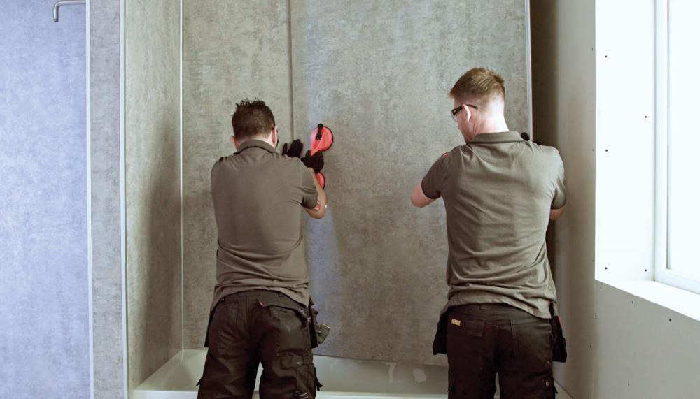 Grant Westfield&rsquo;s easy-fit solutions such as Multipanel and Naturepanel allow installers to complete jobs significantly faster than traditional tiled installations, often up to five times quicker. Shown here is Multipanel XL Offset in Valmasino Marble