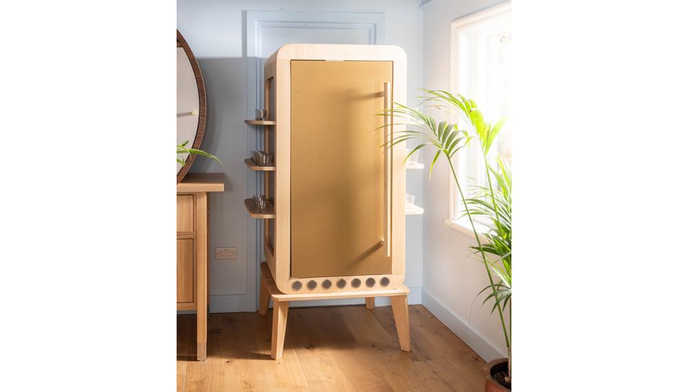 Crafted from Oak with copper-effect panels, the Frigidarium &ndash; or fridge cabinet &ndash; can be specified with adjustable side shelves