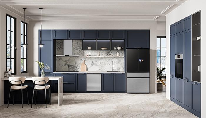 Samsung’s 4-Door French Door Refrigerator is available in various configurations, including a 32” Family Hub and a 9” AI Home with Auto Open Door that just needs a gentle tap and 7-inch integrated screen