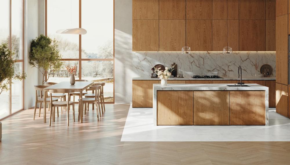 Parador’s, new Trendtime 10 collection, Vinyl, Chevron harmonises beautifully with the cabinetry and outdoor views