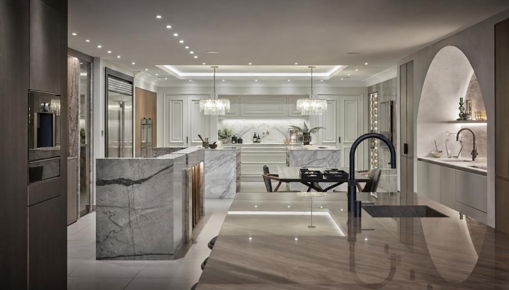 The ground floor of Grid Thirteen Design Studio, Leeds showcases a range of luxury kitchen displays and a luxury Home Bar for the ultimate in contemporary living inspiration. Photo credit: Andy Haslam