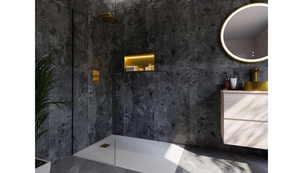 RAK-Ingot stainless steel recessed niches by RAK Ceramics are available in a range of finishes, black, brushed brass and nickel, provide seamless, modern storage in the shower and are perfect for organising toiletries, candles, and decorative items