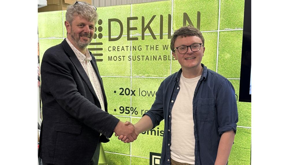Aled Roberts, Dekiln’s founder and CEO, right, pictured with Jason Bridges, procurement director at Johnson Tiles, left