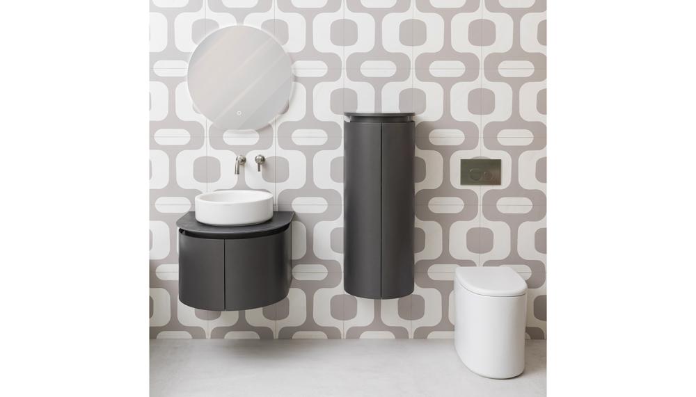 BagnoDesign&rsquo;s new Fonteyn Collection&rsquo;s curved vanities with a mid-century modern design are ideal for bathrooms of all sizes. Available in Urban Grey, Walnut and Mahogany and 3 sizes starting from 594 x 547 x 400mm, with a wall-mounted tall unit measuring 400 x 350 x 1000mm