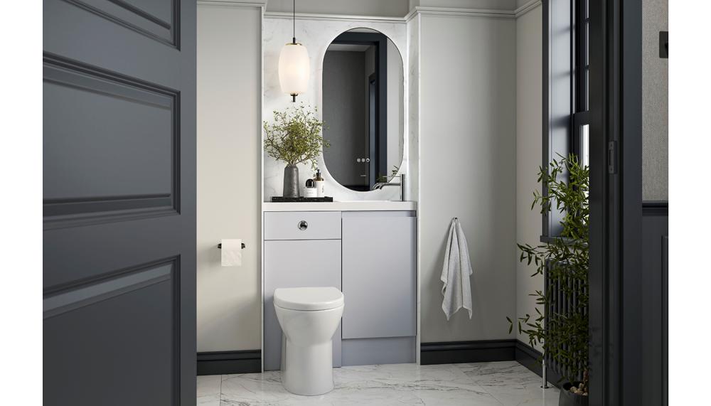 The Veneto range from Calypso has been designed specifically to fit into a cloakroom or en suite and can be combined with the Selter fitted furniture. Layout includes Cleveland back-to-wall pan, 800 Combi Set One Door, Aquila Chrome basin tap and Camino mirror