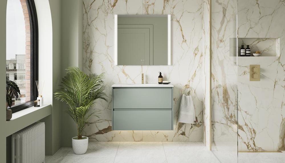 Calypso Bathrooms says its modular vanity units can be used as standalone pieces or combined with its fitted furniture as required. Pictured in the new Chateau Green Matt Paint finish, this Selter vanity unit features a minimalist design with integrated handle