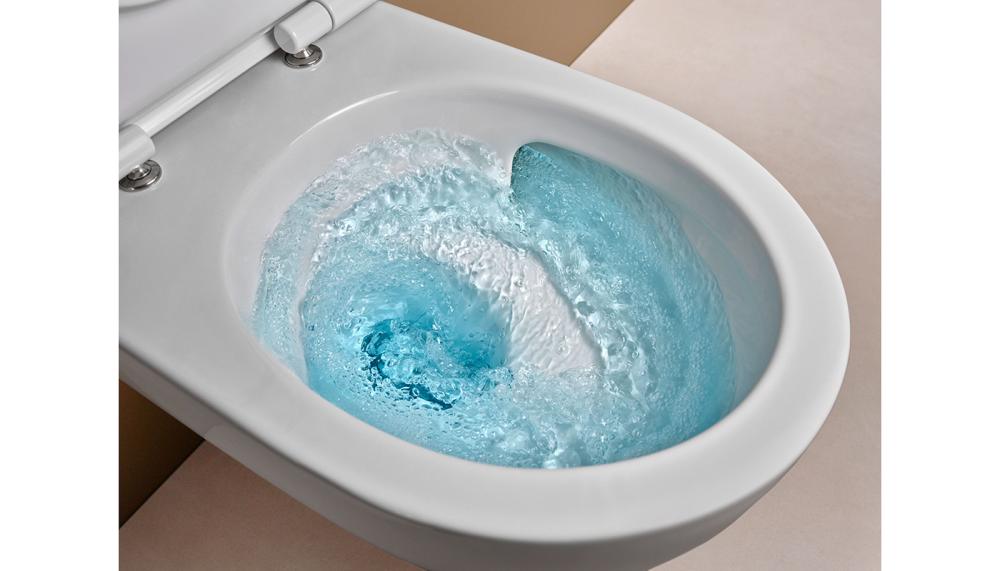 Shown here on its Acanto WC, Geberit’s TurboFlush technology features a rimless pan design that channels water via a directional jet to create a cyclonic flushing action, ensuring full and hygienic bowl clearance even at reduced water volumes