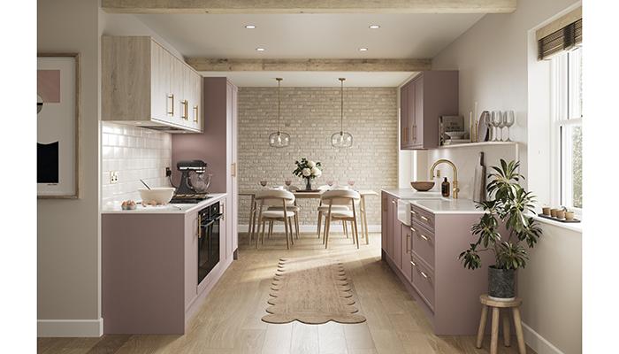 Masterclass Kitchens' new Oslo kitchen shown in Vintage Rose and Madoc Blond Oak