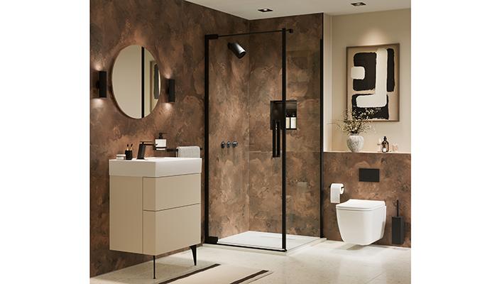 Launched at this year’s InstallerSHOW and set to become available in September, Showerwall’s Bronze Smoke is part of its new Waterproof Hydrocore range. Featuring swirling patterns of deep bronze, copper and earthy charcoal tones, it is perfect for feature walls and can also be used on floors or countertops