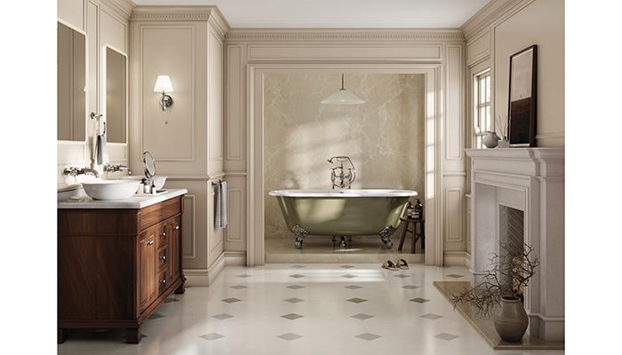 Available in a over 200 colours, Victoria + Albert’s freestanding Cheshire roll-top tub can be personalised to suit individual styles. Pictured in Olive Grey, this Victorian double-ended claw-foot bath is made from Quarrycast and measures 1744mmL x 798mmW x 646mmH