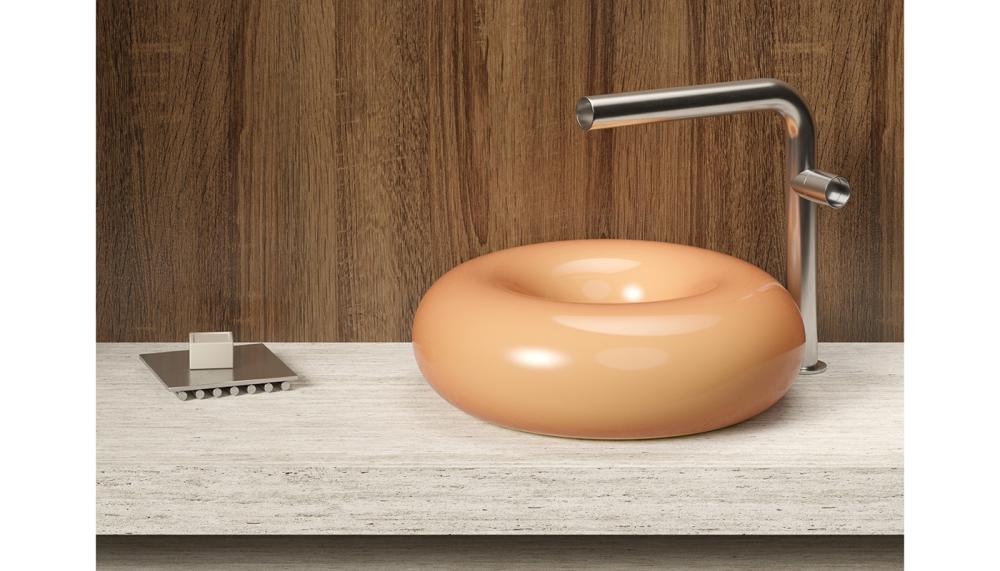 Orbe ceramic basin in Peach with Mage tap in brushed stainless steel