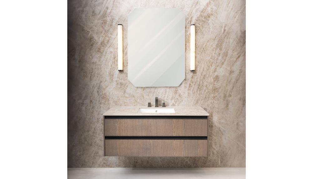 One of BagnoDesign’s latest launches, the modern classic Carlyle collection is inspired by American 5-star hotel living and includes 2-drawer vanity units in 3 sizes and finishes. Pictured is the 1238 x 512 x 480mm version in Silver Oak with Oxide Profile