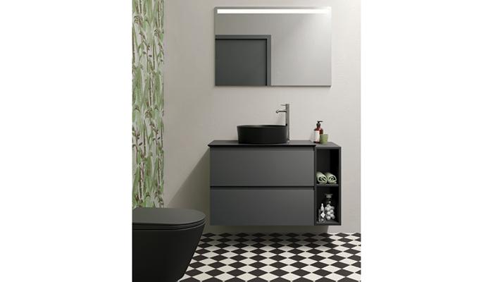 Available in Grey, Cappuccino, Greige, White and Black, pictured, RAK Ceramics’ RAK-Feeling sanitaryware collection is ideal for consumers looking to inject personality into their bathroom. It is seen here with the RAK-Joy wall-hung basin unit in Urban Grey and open storage unit