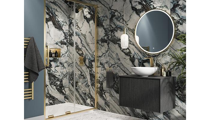 Another new addition to Showerwall’s all-new Majestic Collection, the marble-inspired Oyster features a crisp white base and mineral-rich veining in silvery greys, taupes and charcoals. It is delivered on Hydrocore, Showerwall’s new waterproof coreboard, which is manufactured from pre-consumer polyurethane waste and production offcuts