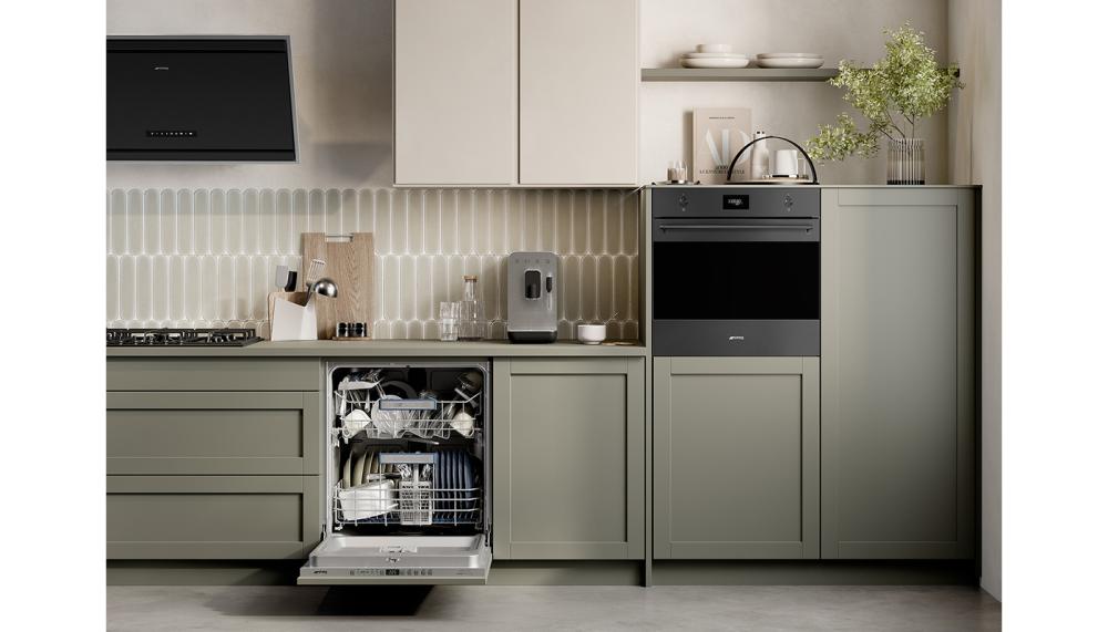 Smeg’s Matt Black collection includes a range of products such as the 90cm angled chimney cooker hood, shown here, and the built-in Speedwave XL, which allows the user to combine the benefits of both oven and microwave cooking