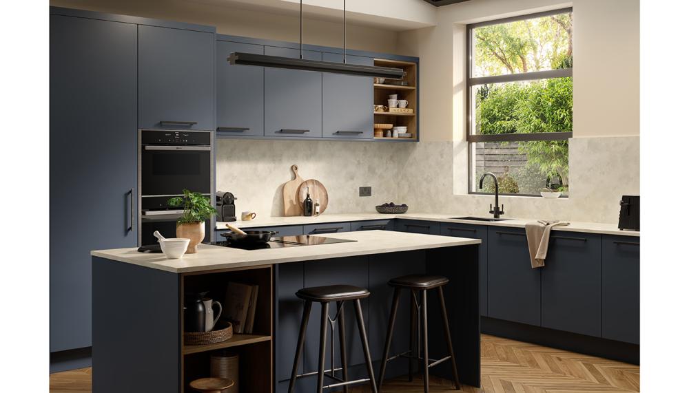 The Omega Sleek Aracena laminate worktop features a subtle grey marble-effect decor with a smooth matt finish. It measures 3000 x 620mm and has a 22mm square edge