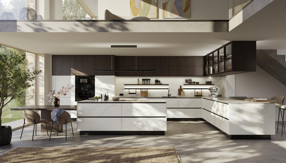 The contemporary two-tone handleless kitchen scheme from Sachsenküchen is presented with a focal dining island in a luxury Stana marble white stone style & contrasting Lana Casella oak marone wall and glass cabinetry